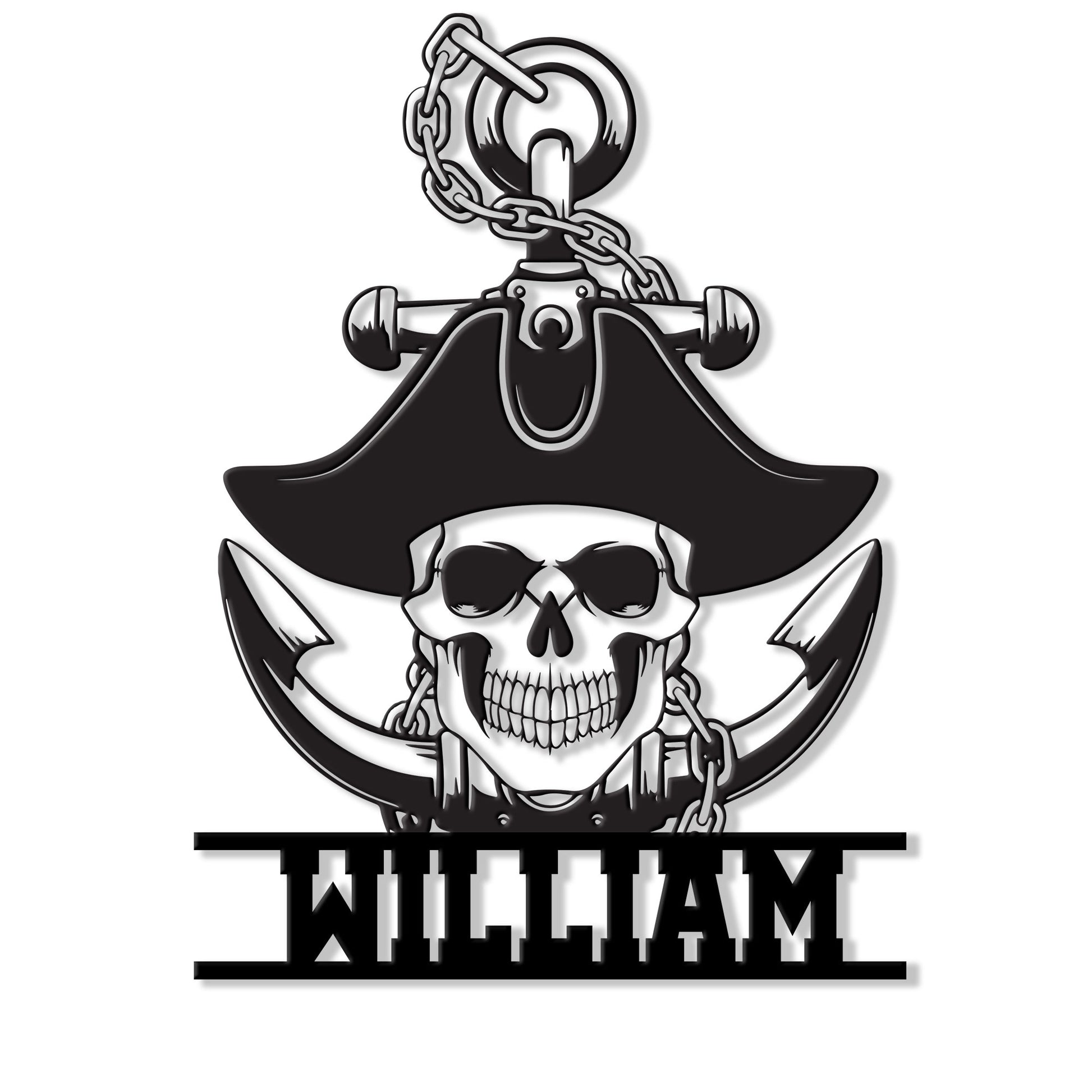 Pirate metal sign featuring a grinning skull in a tricorn hat with an anchor design