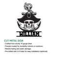 Pirate skull metal sign feature graphic highlighting the cut-metal design and display options