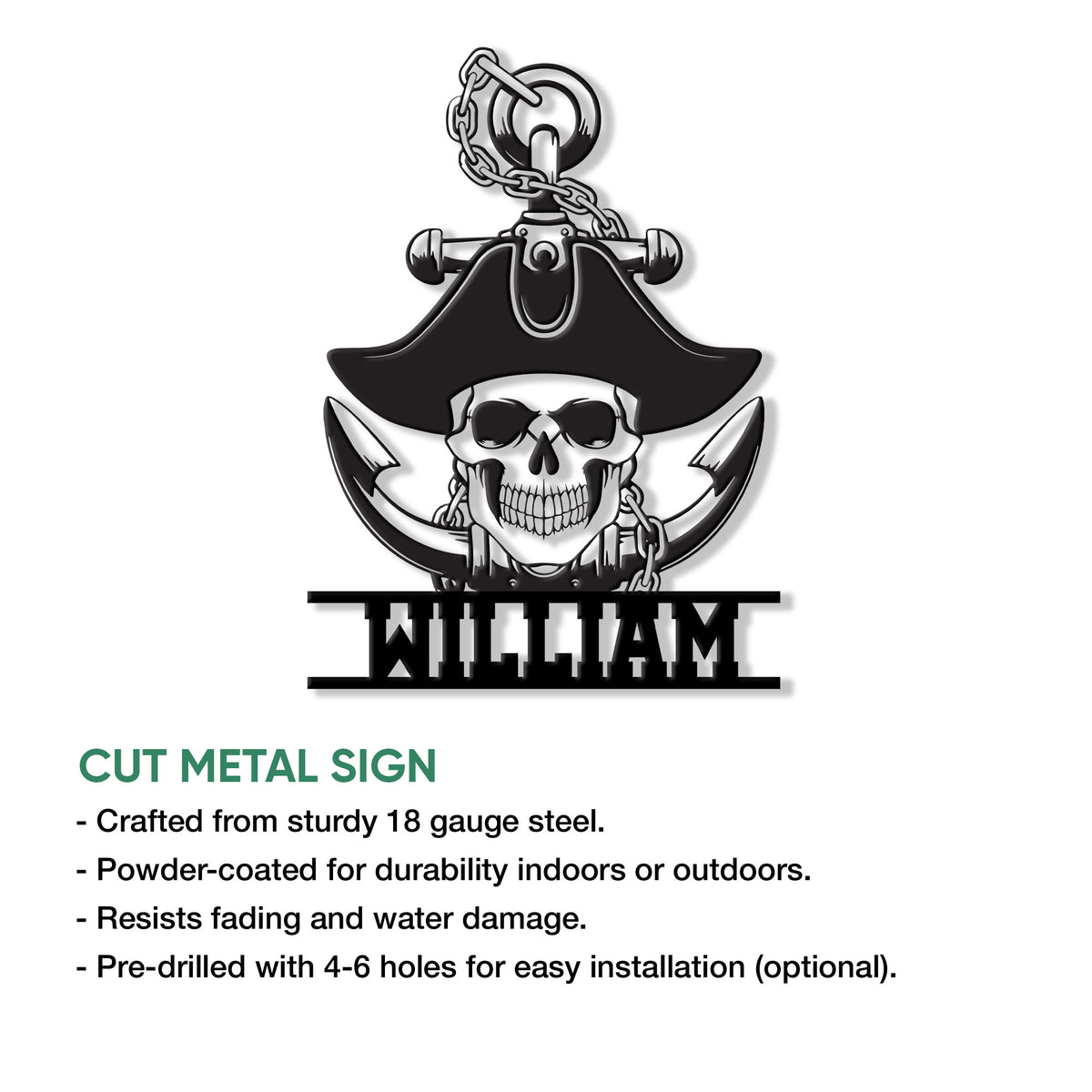 Pirate skull metal sign feature graphic highlighting the cut-metal design and display options
