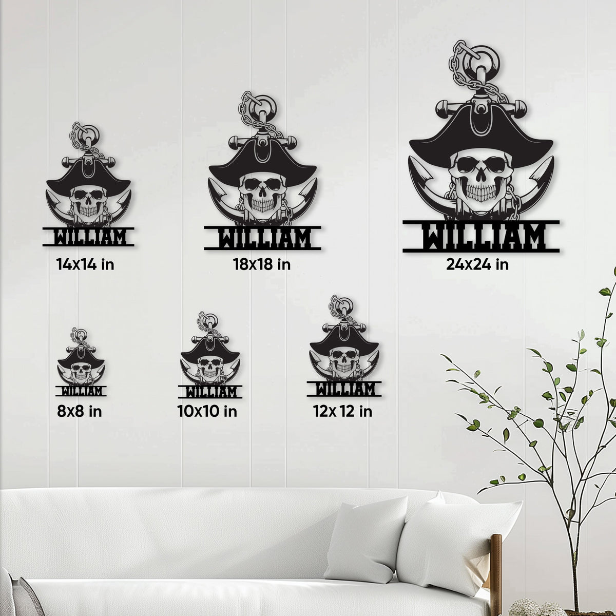 Pirate skull metal sign size guide showing multiple square size options in a home interior