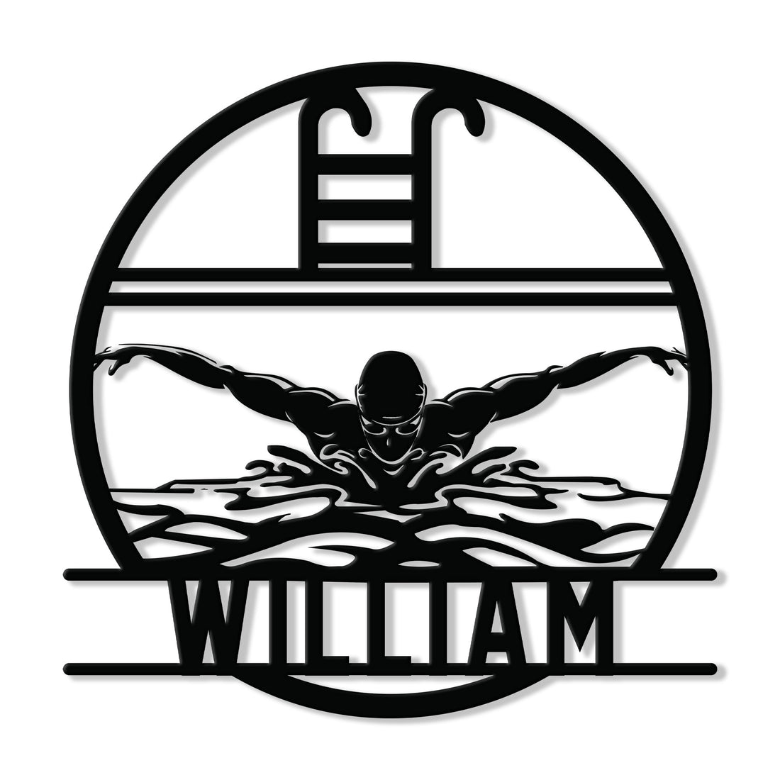 Custom swimming metal sign featuring a powerful swimmer breaking through stylized waves in a circular design