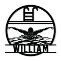 Custom swimming metal sign featuring a powerful swimmer breaking through stylized waves in a circular design