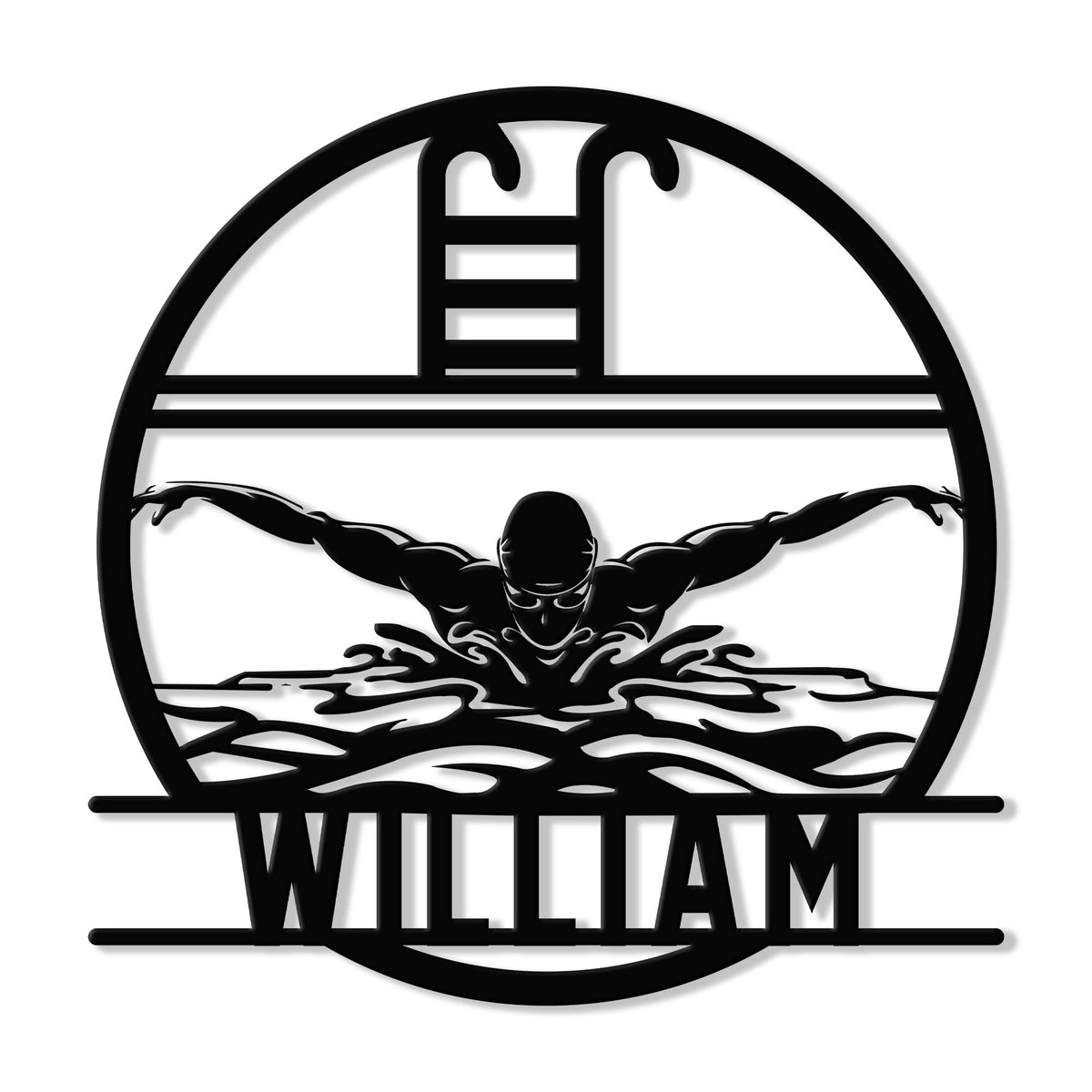Custom swimming metal sign featuring a powerful swimmer breaking through stylized waves in a circular design