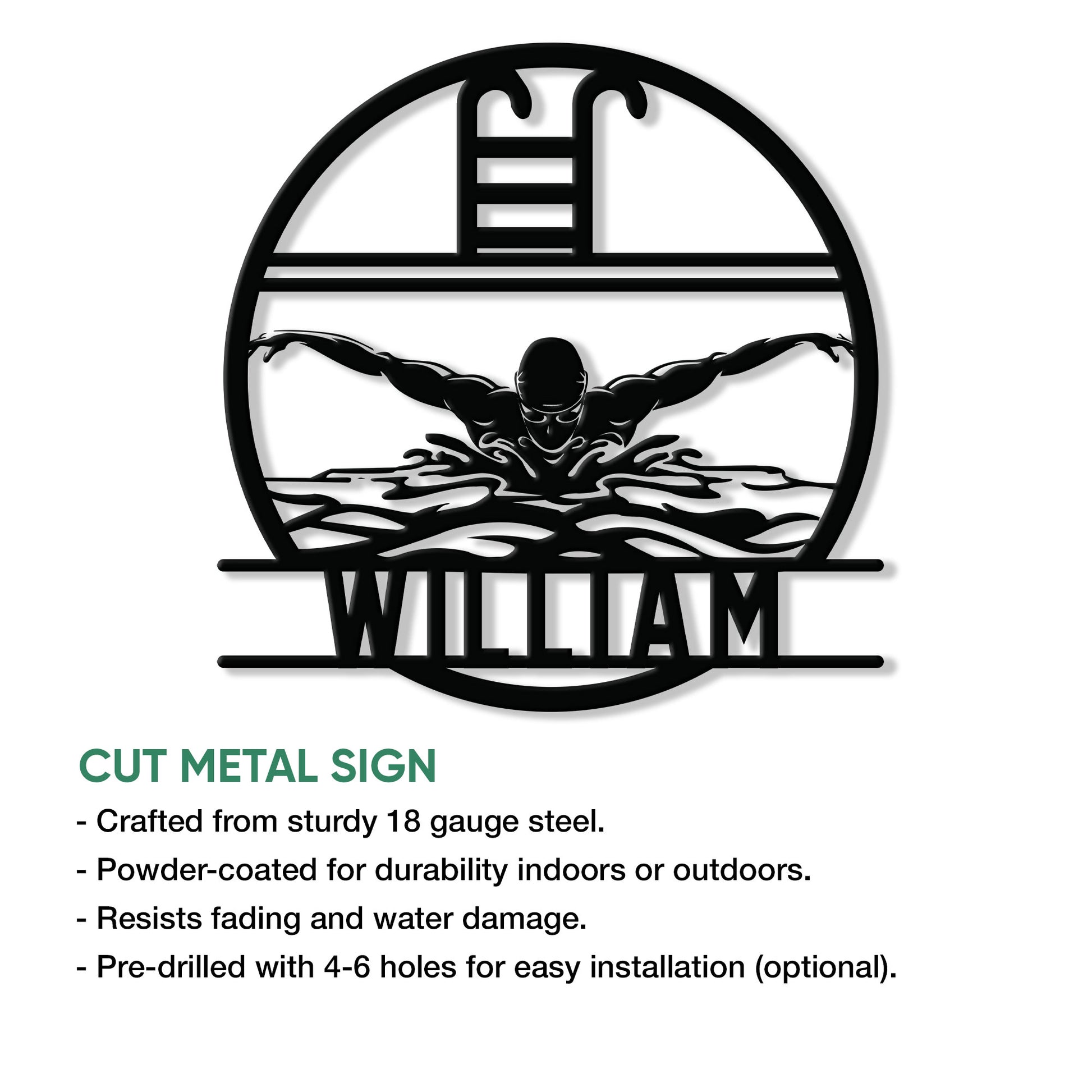 Swimming wall sign shown as a cut metal design with a swimmer, water splashes, and a bold circular frame