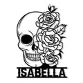 Custom skull metal sign featuring a half skull surrounded by layered roses and leaves in bold black linework