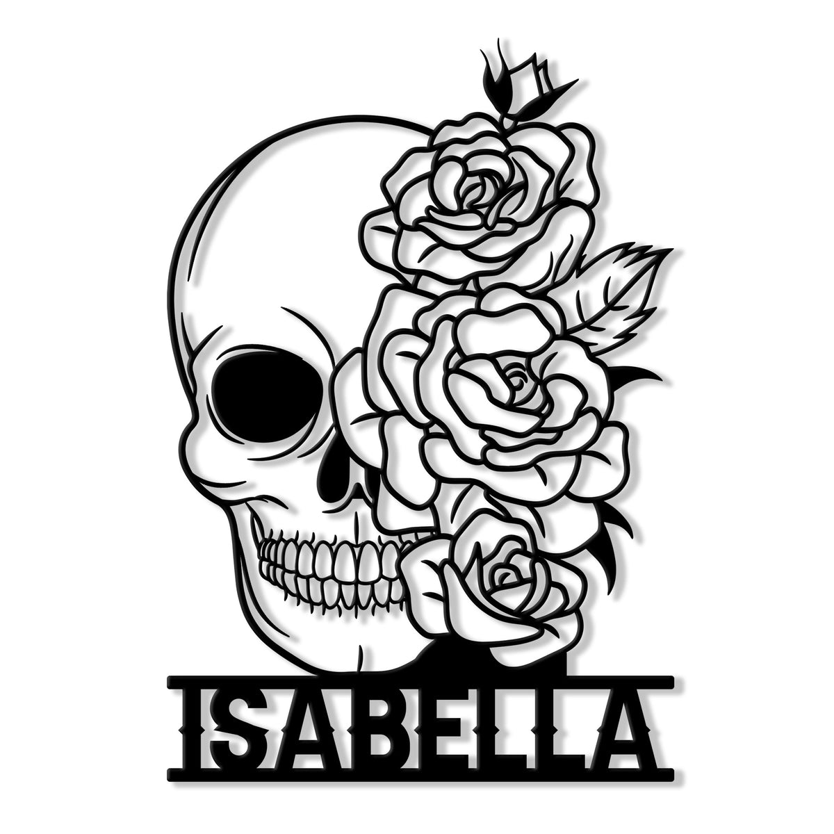 Custom skull metal sign featuring a half skull surrounded by layered roses and leaves in bold black linework