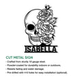 Skull rose metal sign shown with cut-steel features, indoor or outdoor use, and optional mounting holes