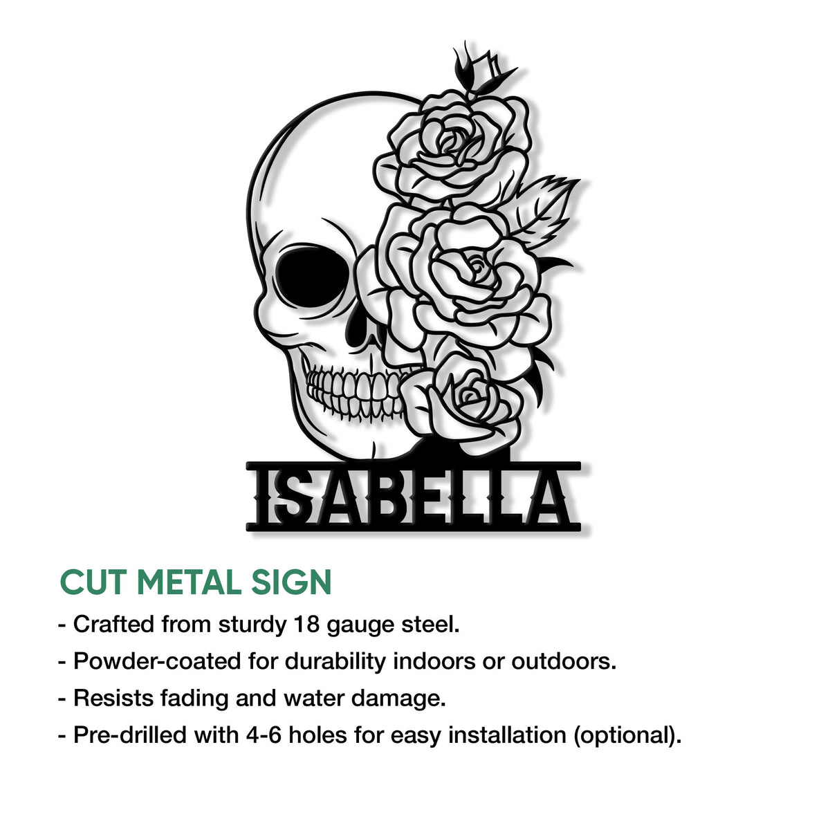 Skull rose metal sign shown with cut-steel features, indoor or outdoor use, and optional mounting holes