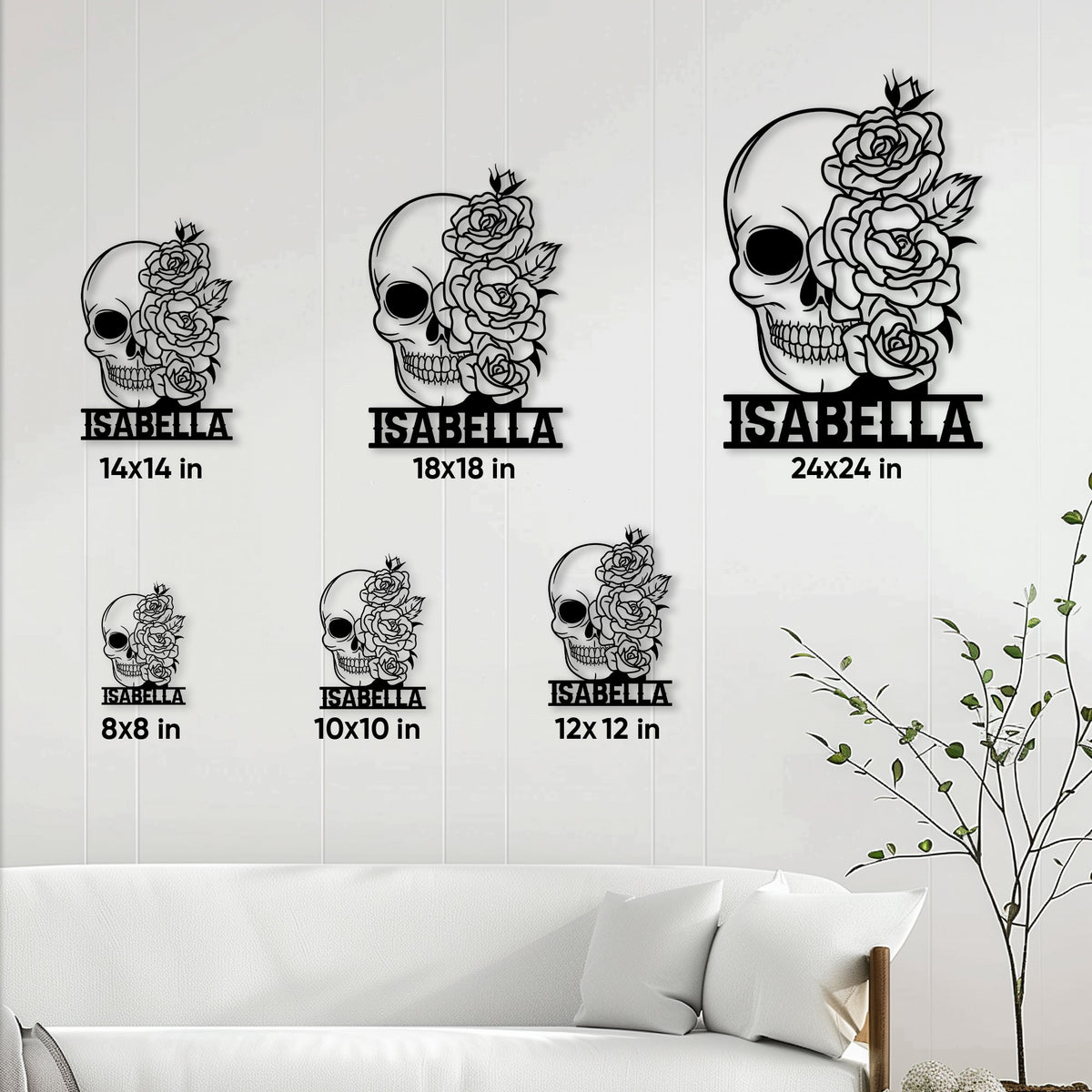 Skull rose metal sign size guide showing available square sizes from 8 by 8 to 24 by 24 inches
