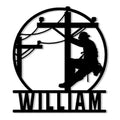Custom lineman metal sign featuring a utility pole worker silhouette surrounded by power lines