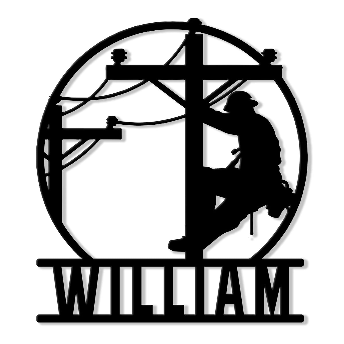 Custom lineman metal sign featuring a utility pole worker silhouette surrounded by power lines
