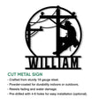 Lineman metal sign showing a utility worker climbing a power pole in a bold circular silhouette design