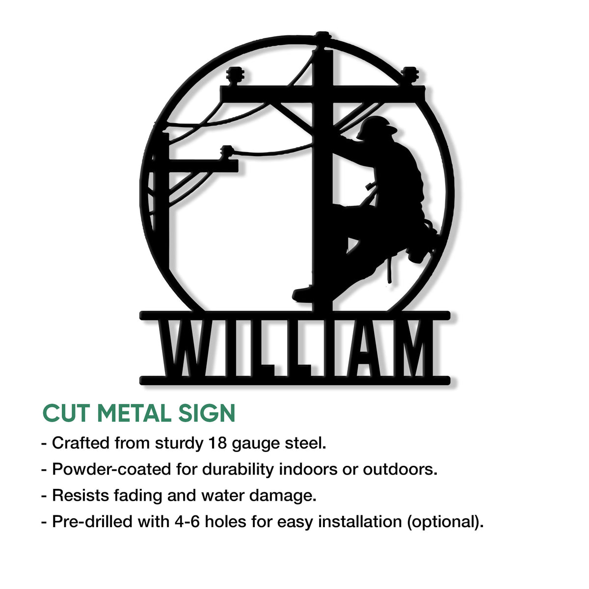 Lineman metal sign showing a utility worker climbing a power pole in a bold circular silhouette design