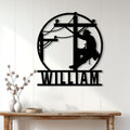 Lineman wall sign displayed on a white paneled wall above a wood console table