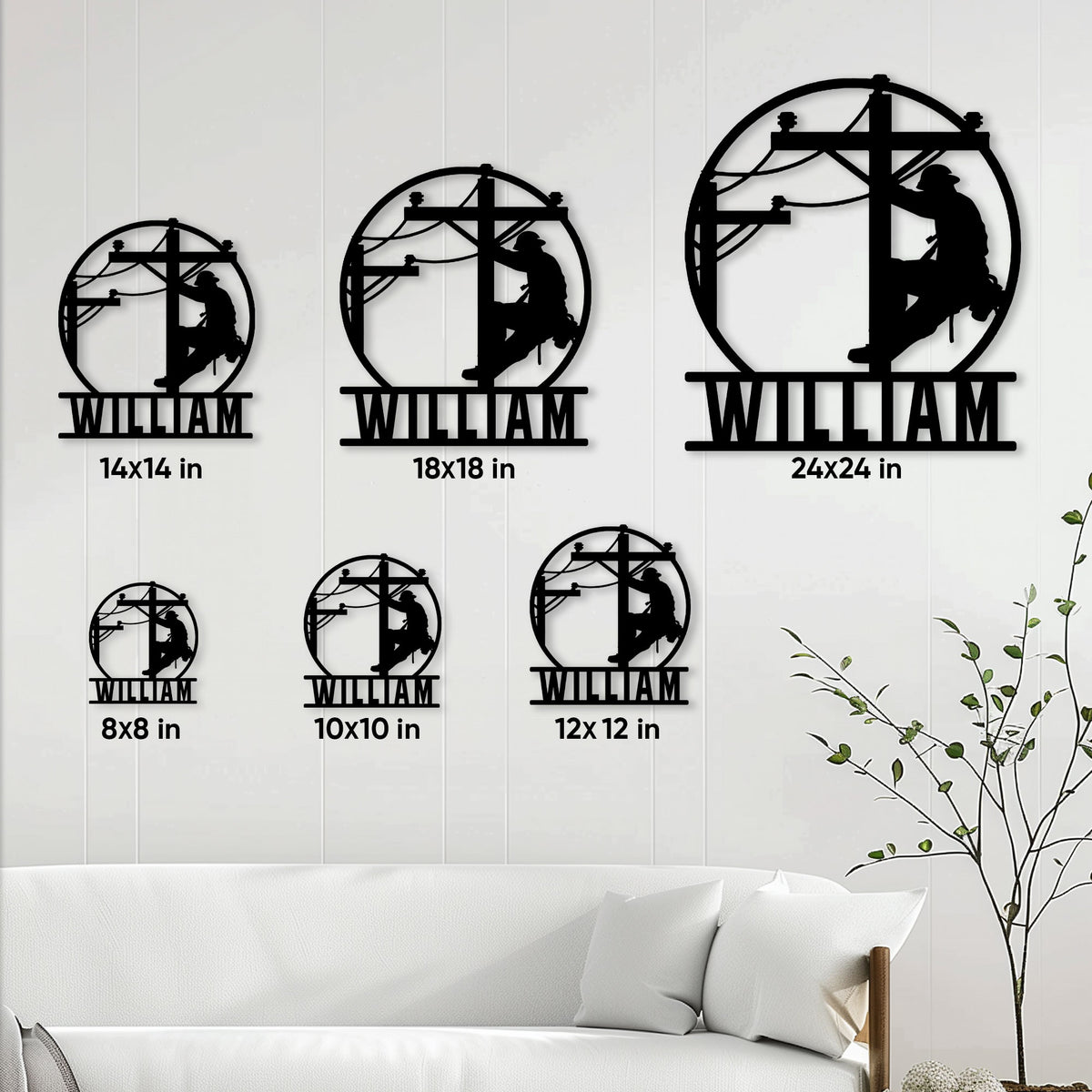 Lineman metal sign size guide showing several available square size options in a living room setting