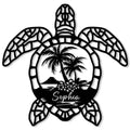 Custom sea turtle metal sign featuring a tropical island scene with palm trees and floral coastal details