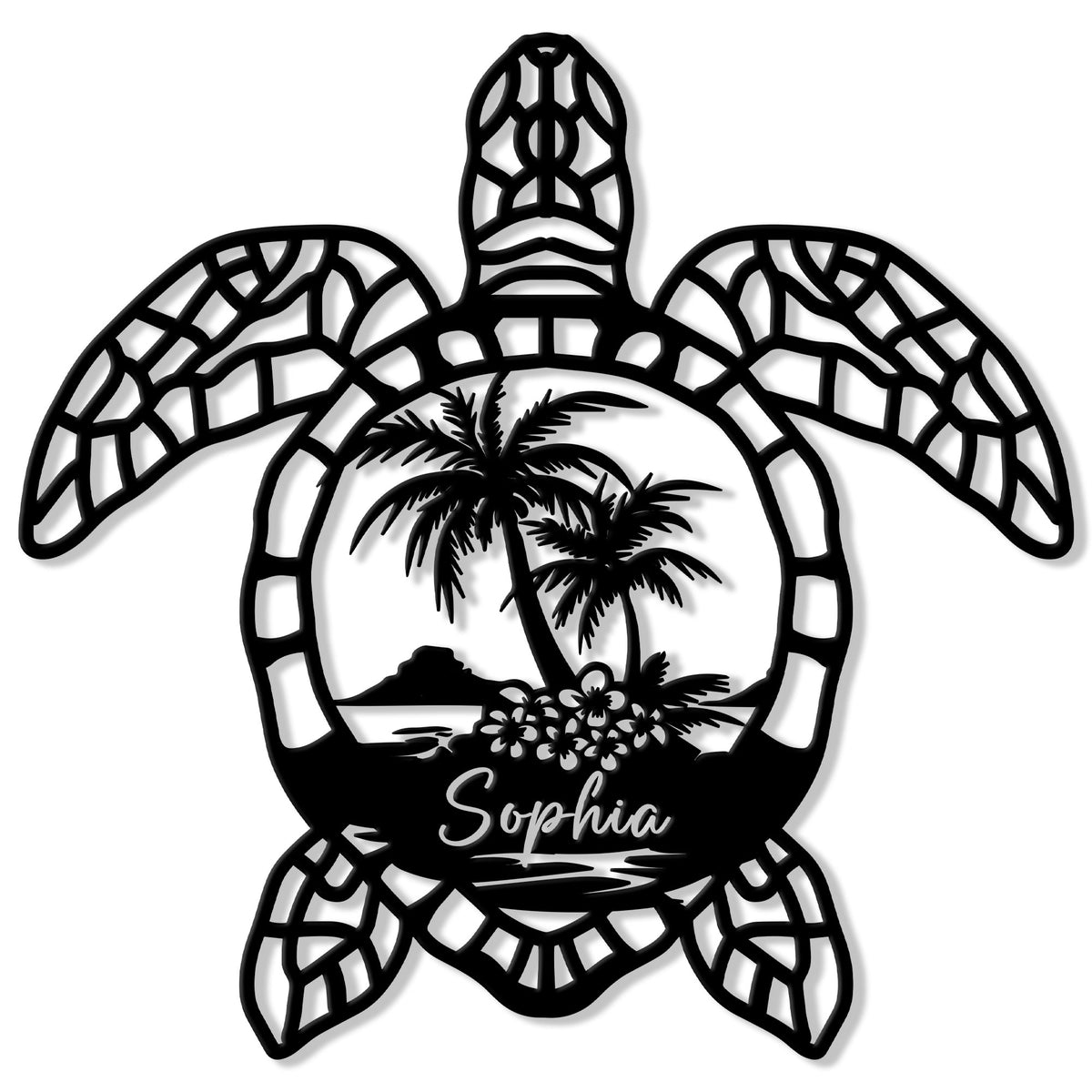 Custom sea turtle metal sign featuring a tropical island scene with palm trees and floral coastal details