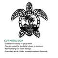 Sea turtle cut metal sign shown with a tropical palm scene and product feature information