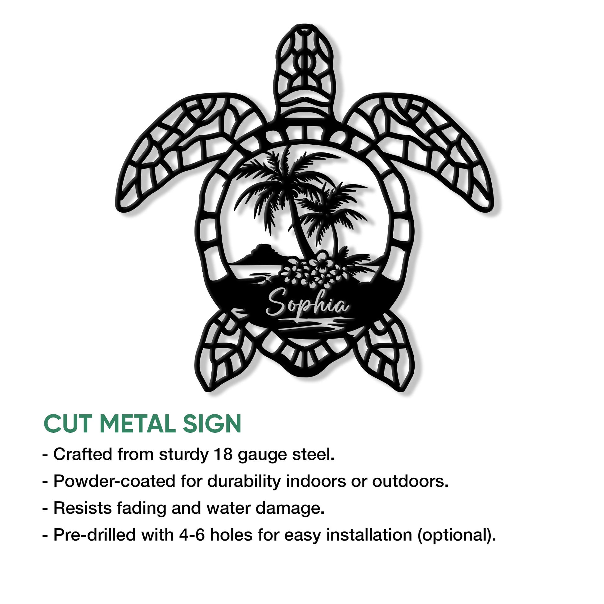 Sea turtle cut metal sign shown with a tropical palm scene and product feature information