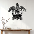 Sea turtle wall sign displayed on a light wood-paneled wall above a console table