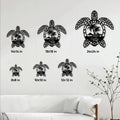 Sea turtle metal sign size guide showing multiple square size options in a living room setting