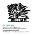 Close-up product view of a cut metal welder sign with a masked craftsman and patriotic flag design