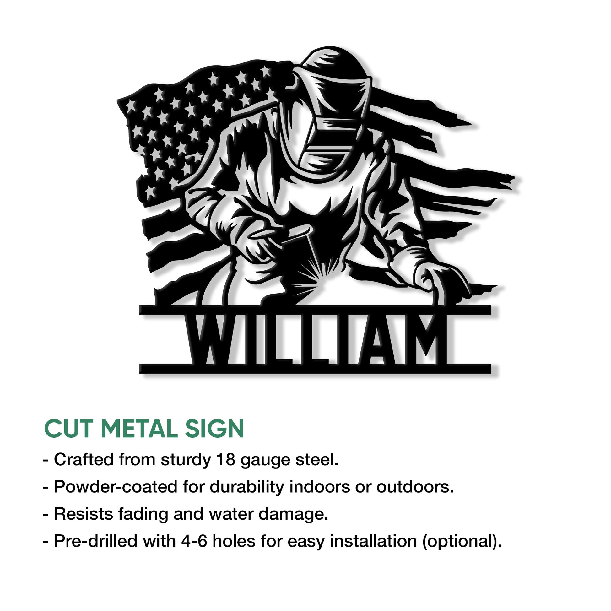 Close-up product view of a cut metal welder sign with a masked craftsman and patriotic flag design
