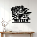 Patriotic welder wall sign displayed above a console table in a bright home interior