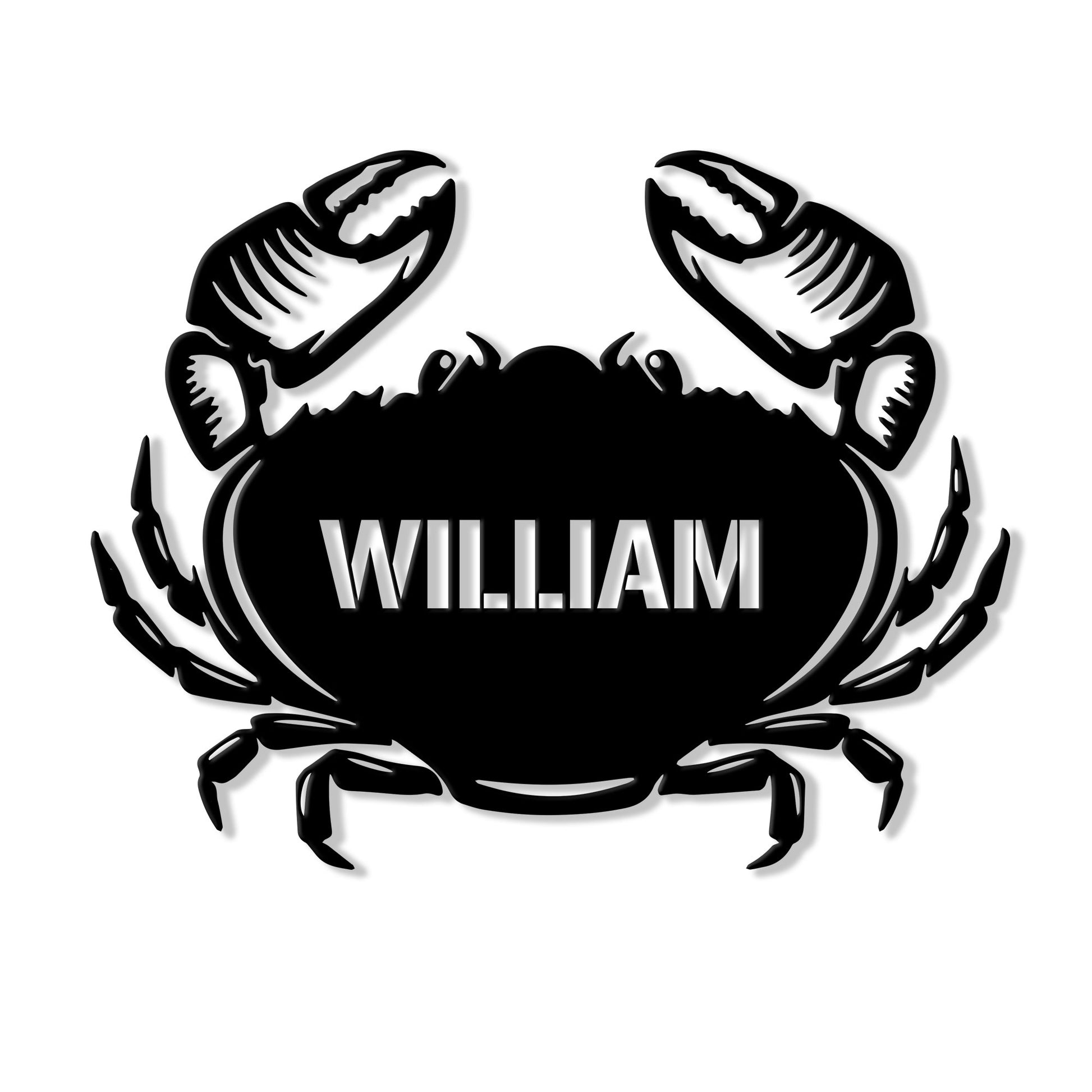 Black crab silhouette metal sign with raised claws and a bold custom design for coastal decor