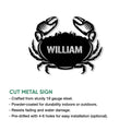 Crab cut metal sign feature graphic showing its silhouette design and available size options