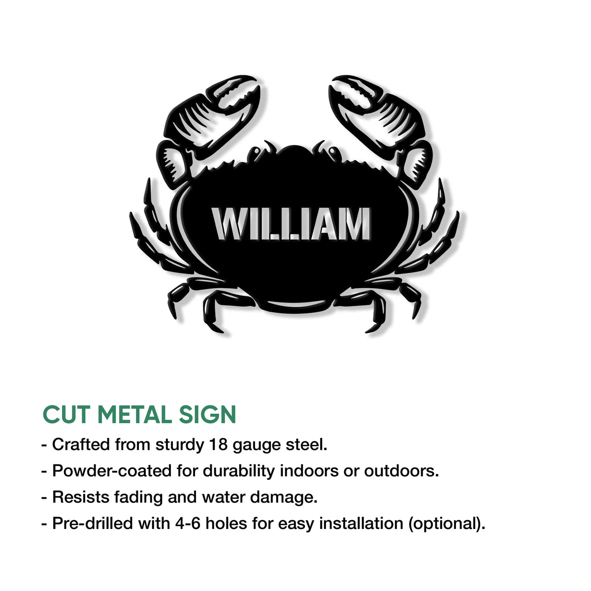 Crab cut metal sign feature graphic showing its silhouette design and available size options