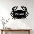 Black crab metal wall sign displayed on a light wood-paneled wall above a console table