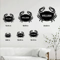Crab metal sign size guide showing multiple square size options styled in a bright living room
