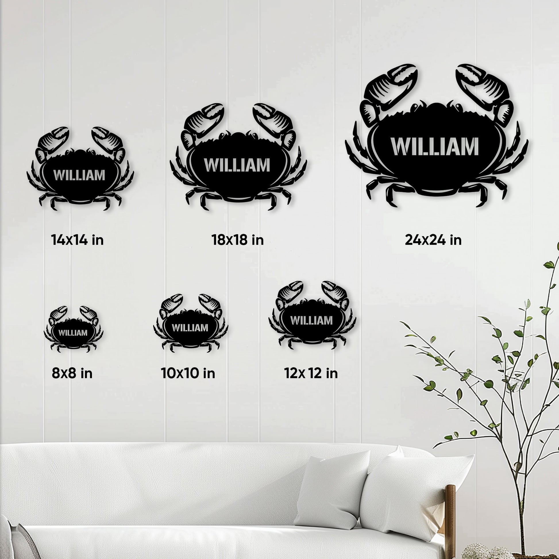 Crab metal sign size guide showing multiple square size options styled in a bright living room