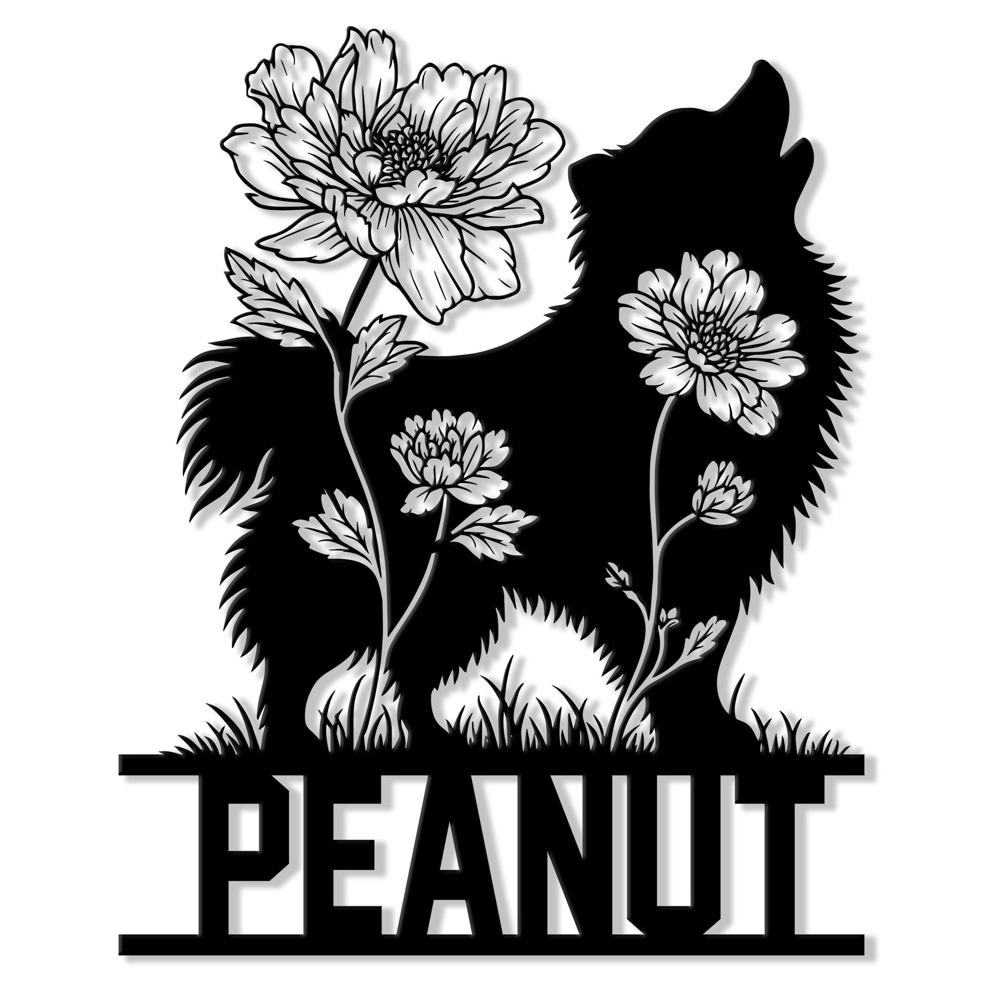 Pomeranian metal sign featuring a fluffy dog silhouette surrounded by detailed floral blooms