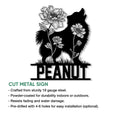Pomeranian cut metal sign shown with a floral silhouette design and product feature details