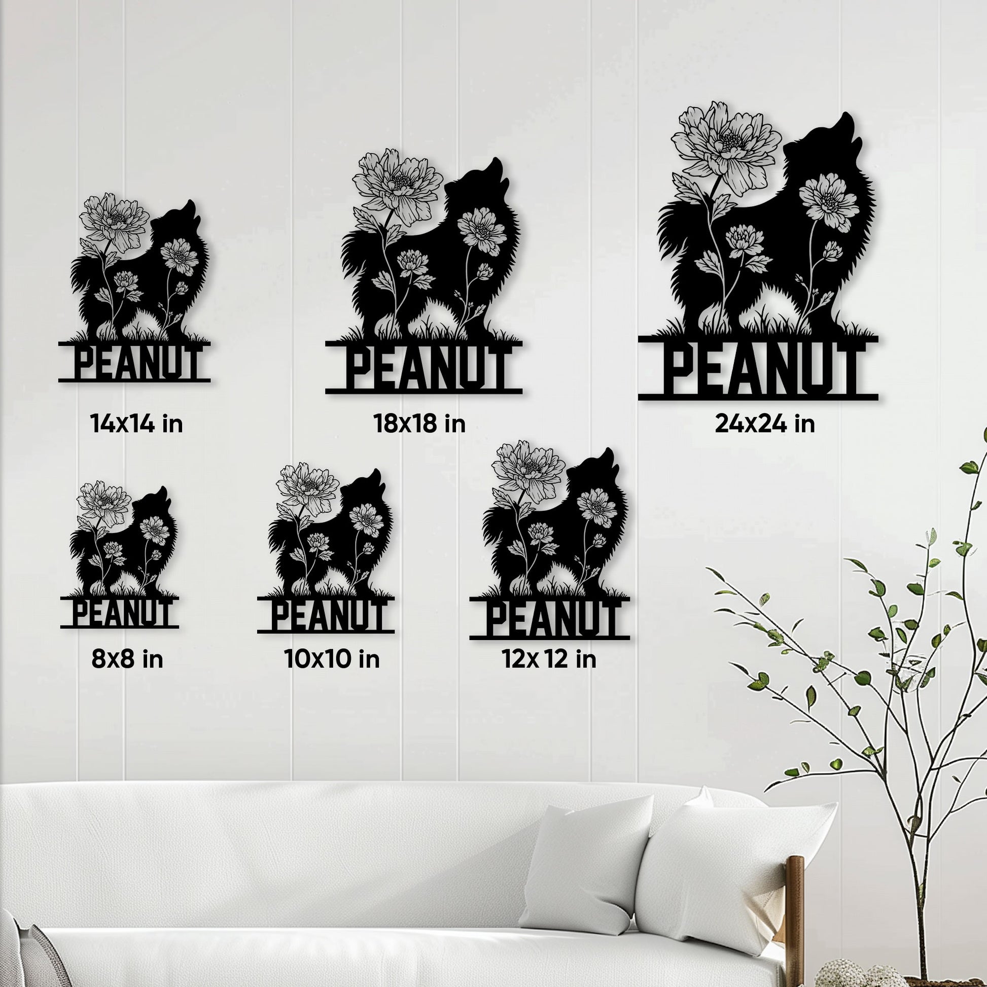 Pomeranian metal sign size guide showing multiple size options in a living room setting