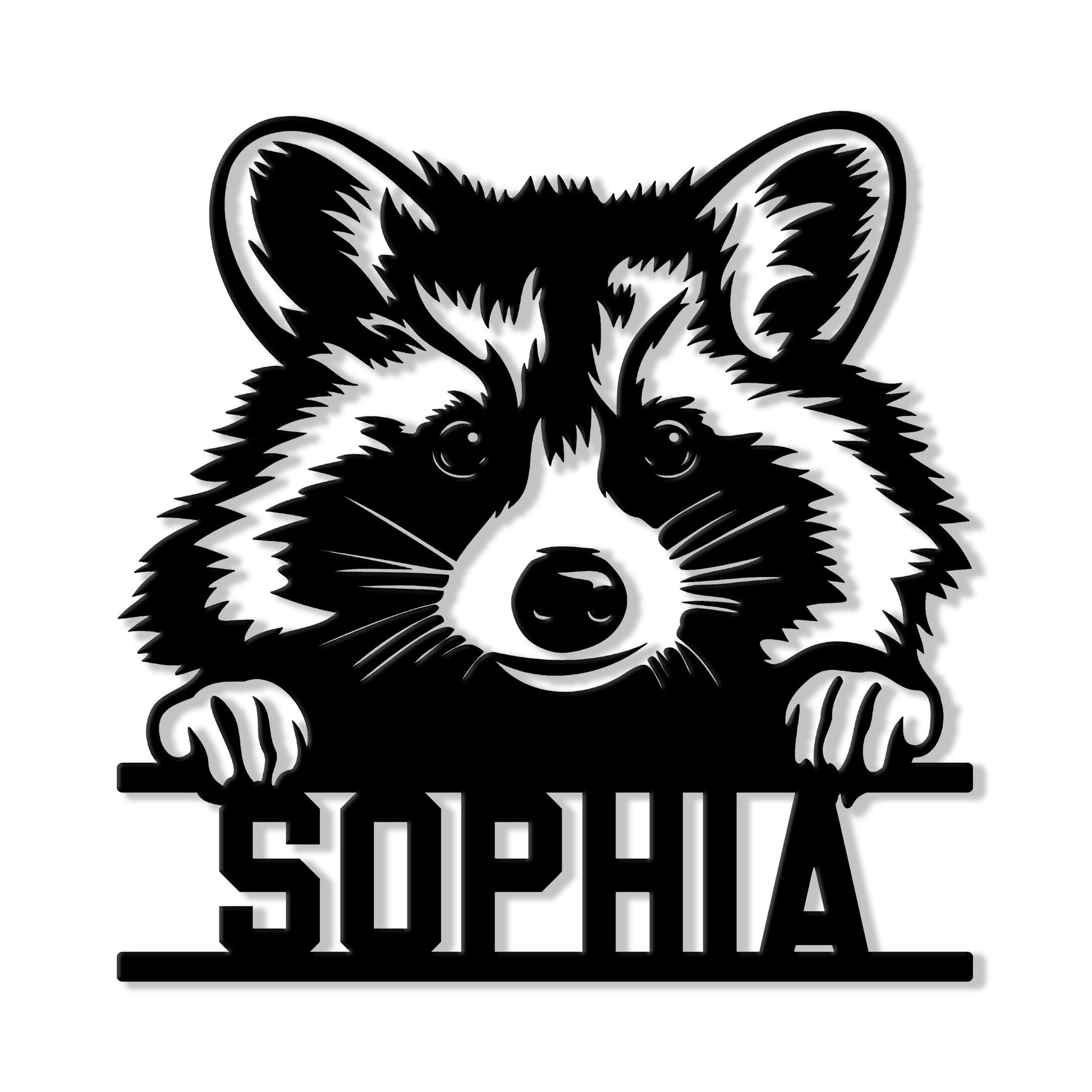 Custom raccoon metal sign featuring a playful black-and-white raccoon peeking over a name area