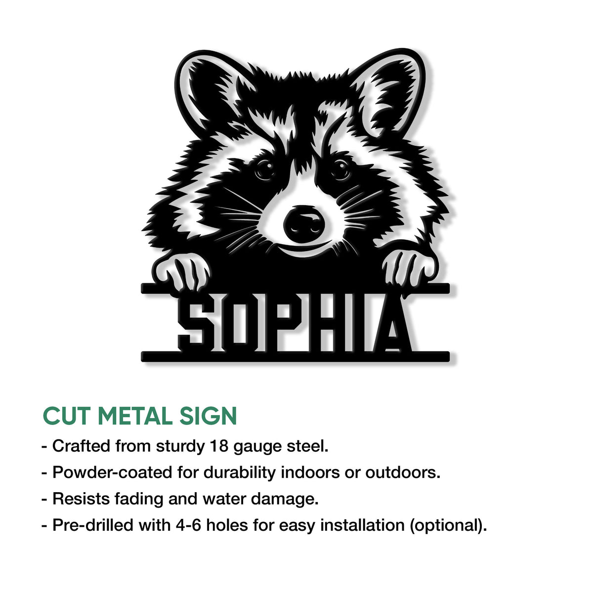 Raccoon cut metal sign feature graphic showing the playful masked animal design and sign construction