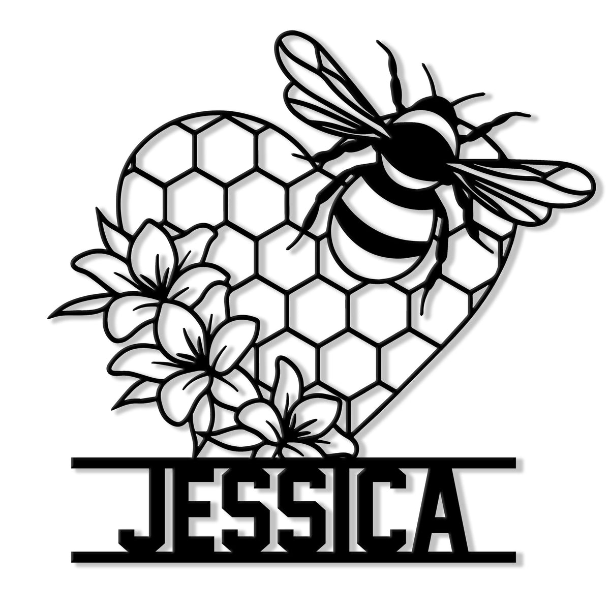 Bee metal sign featuring a honeycomb heart, flying honeybee, and floral accents in a bold cutout design