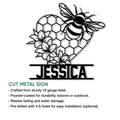 Bee wall sign shown with a honeycomb heart, flower details, and cut metal sign feature information