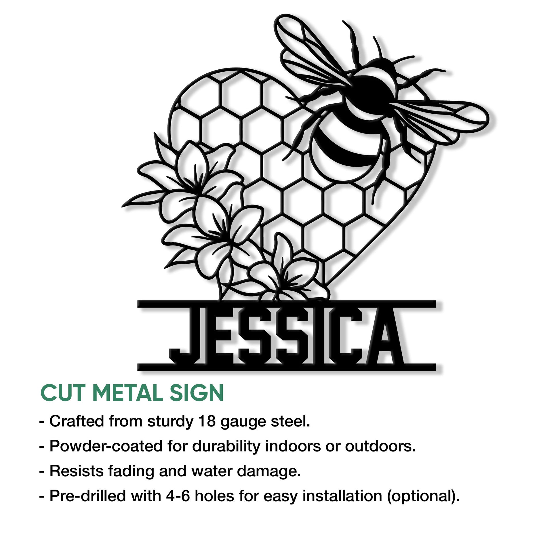 Bee wall sign shown with a honeycomb heart, flower details, and cut metal sign feature information