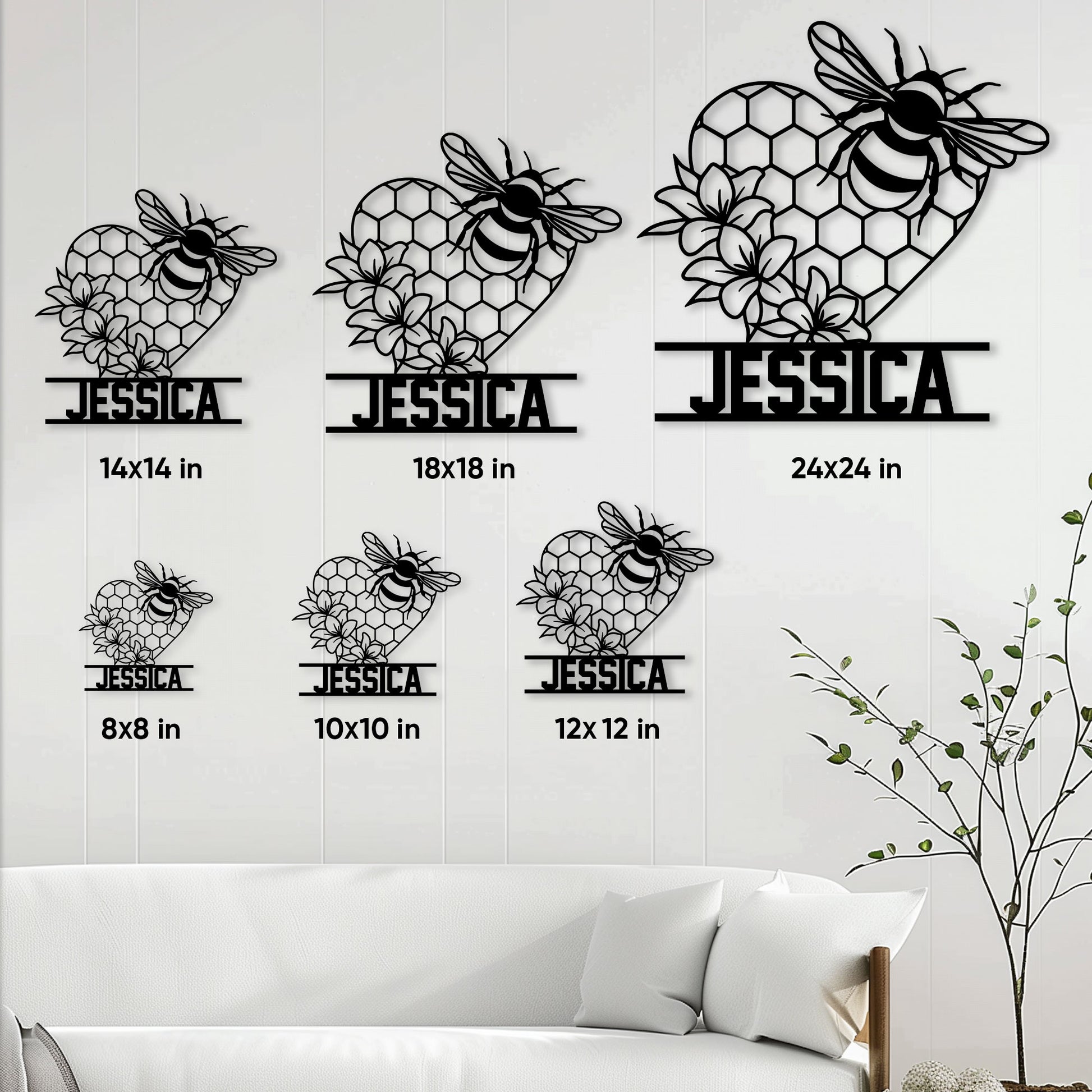 Bee honeycomb heart metal sign shown in multiple size options above a living room sofa