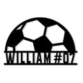 Black soccer ball silhouette metal sign with a bold lower bar design for custom soccer decor
