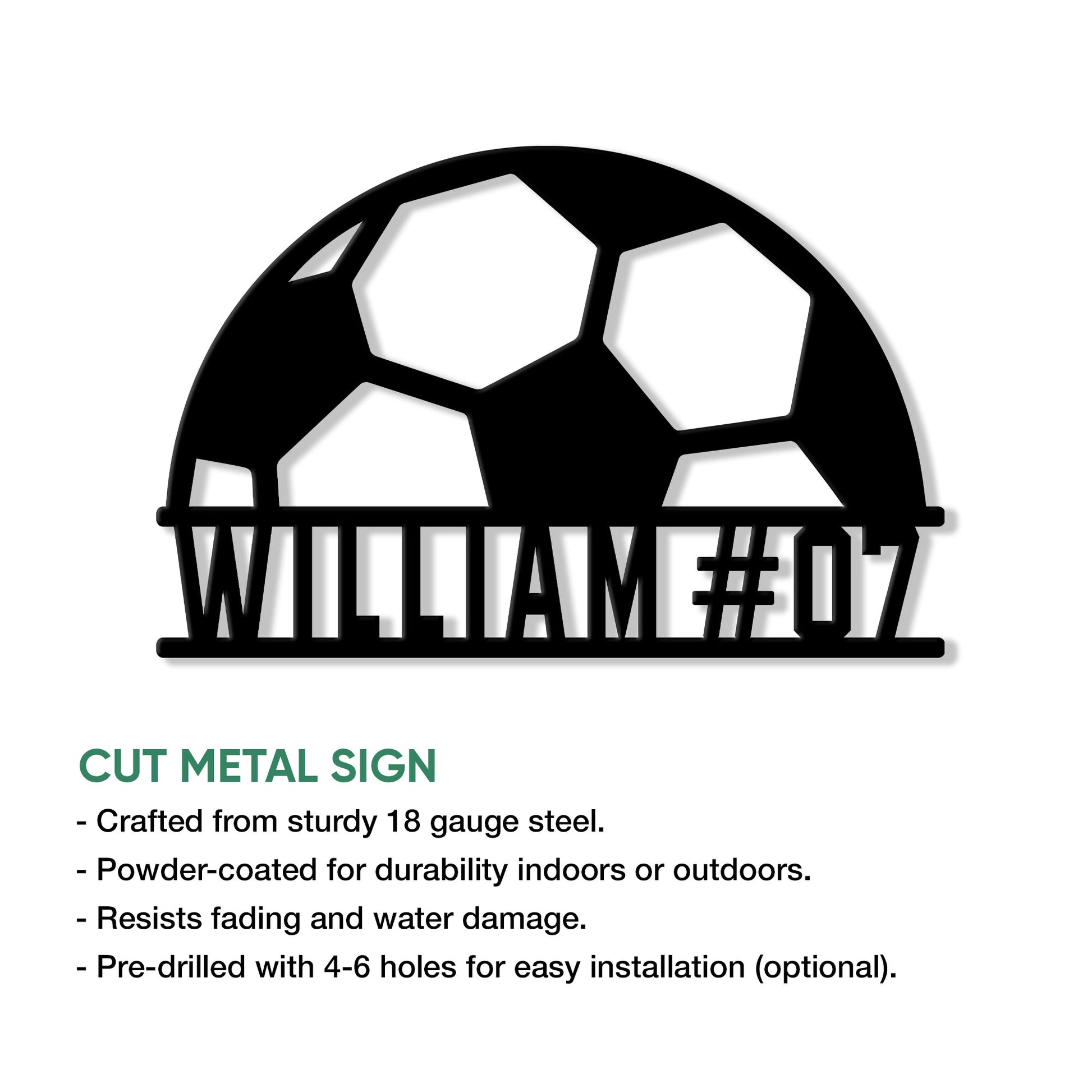 Soccer ball cut metal sign shown with feature details for indoor or outdoor display