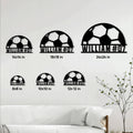 Soccer ball metal sign size guide showing options from 8 by 8 to 24 by 24 inches