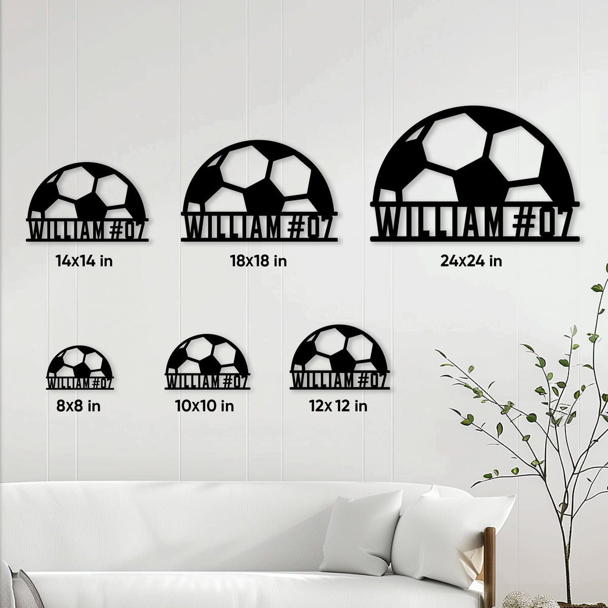 Soccer ball metal sign size guide showing options from 8 by 8 to 24 by 24 inches