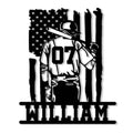 Custom baseball player metal sign featuring a batter with a helmet, bat, stars, and vertical baseball accents