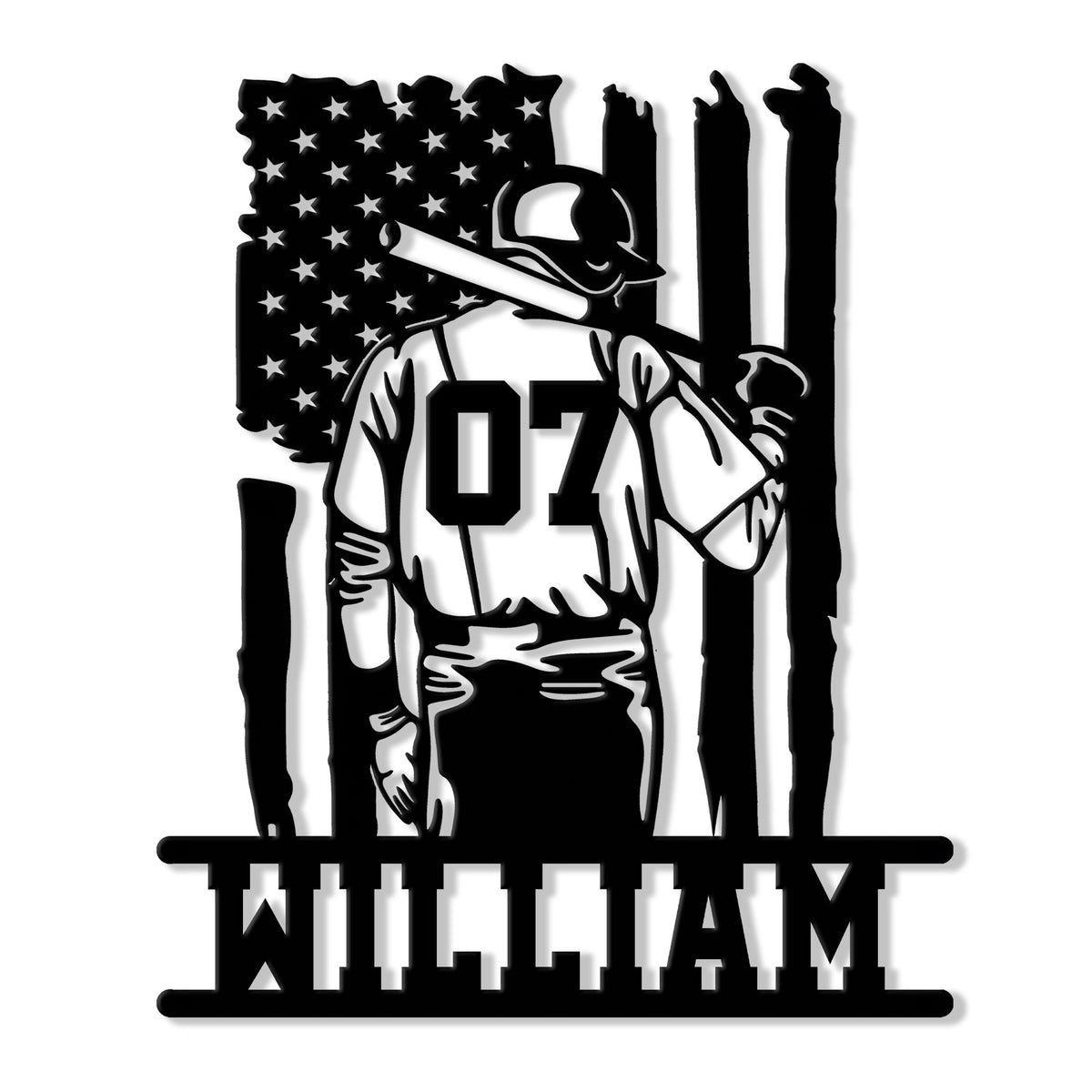 Custom baseball player metal sign featuring a batter with a helmet, bat, stars, and vertical baseball accents