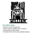 Baseball player cut metal sign shown with product feature details and bold sports artwork